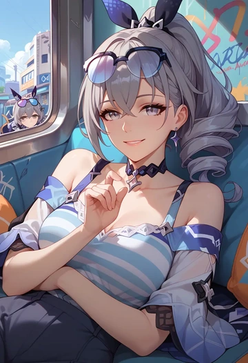 star rail,silver wolf,striped graffiti blouse,dolphin shorts  - AI generated anime art